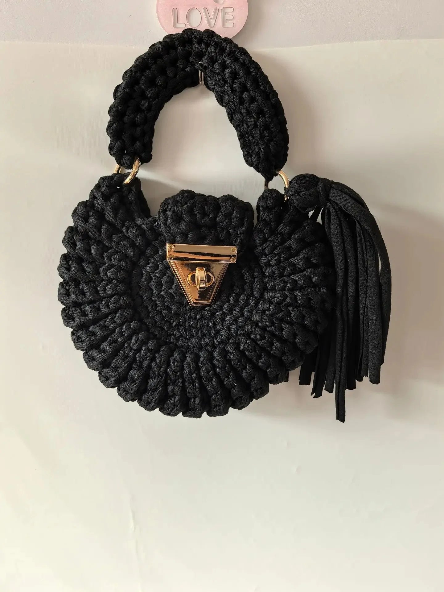 Bohemian Women's Solid Color Hook Knit Bag Round Fringed Small Crossbody Bag Soft Material