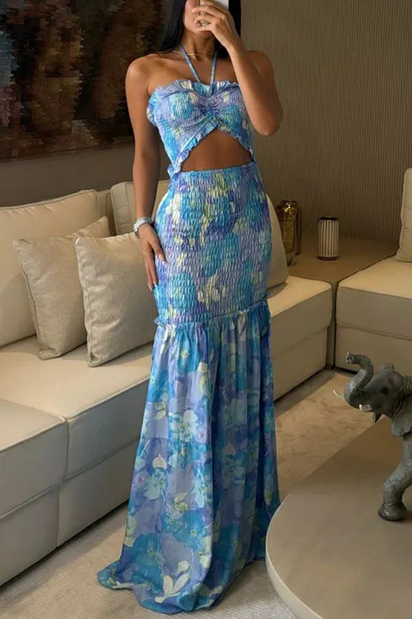 High Waist Hollow Dress Women Lace-Off Printed Sling Long Floor Maxi Dress