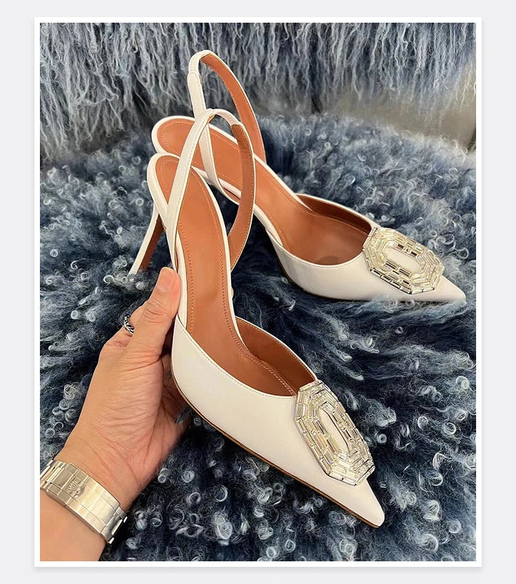 Oval Rhinestone Buckle Toe Sandals Pointed Thin Heel Hollow Banquet High Heels