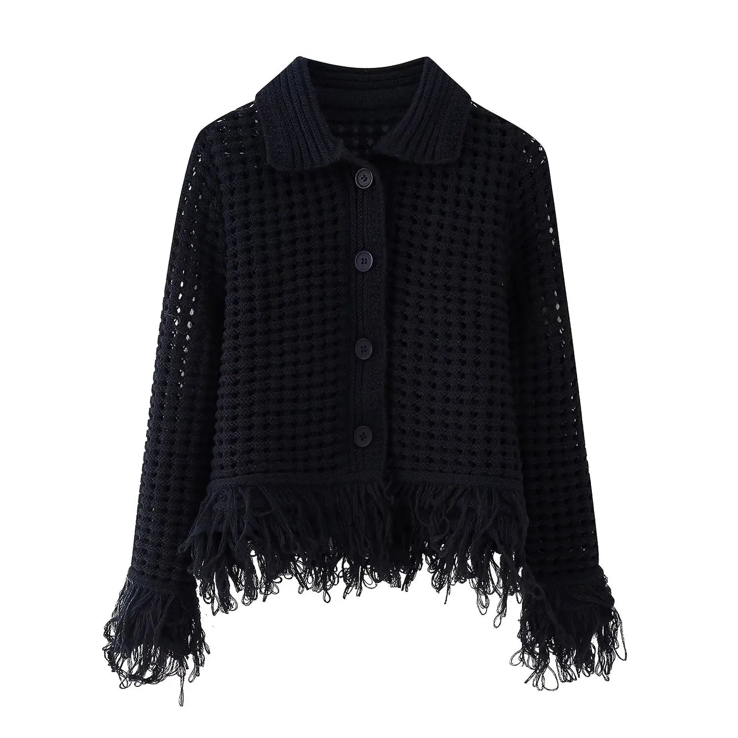 Vintage Women Knitted Hollow Out Tassel Mini Skirt Set Cardigan+Fringe Mini Skirt