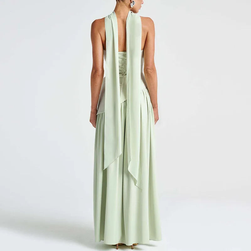 Elegant Strapless Scarf Neck Pleated Dress Woman Sexy Slim Solid Backless Evening Dress
