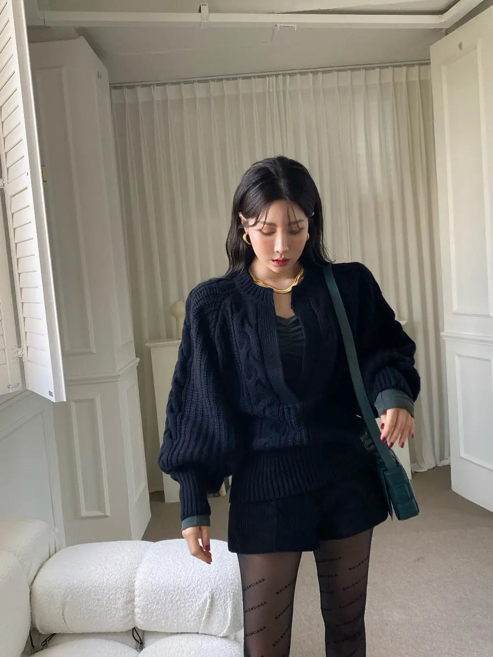 Chic Fried Dough Twists Pattern Pullover Loose Lantern Sleeve Knit Sweater