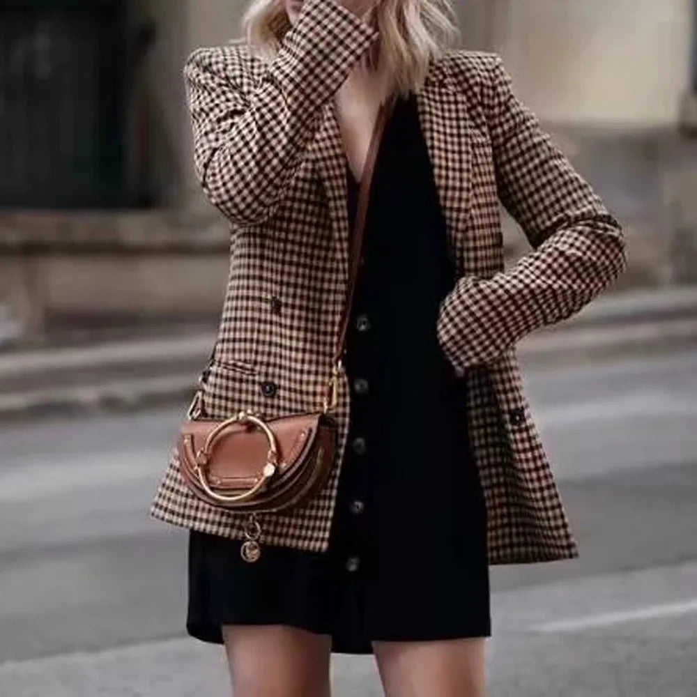 Women's Elegant Open Front Coat Retro Button Suit Coats Plaid Long Sleeve Flannel Lapel Blazer