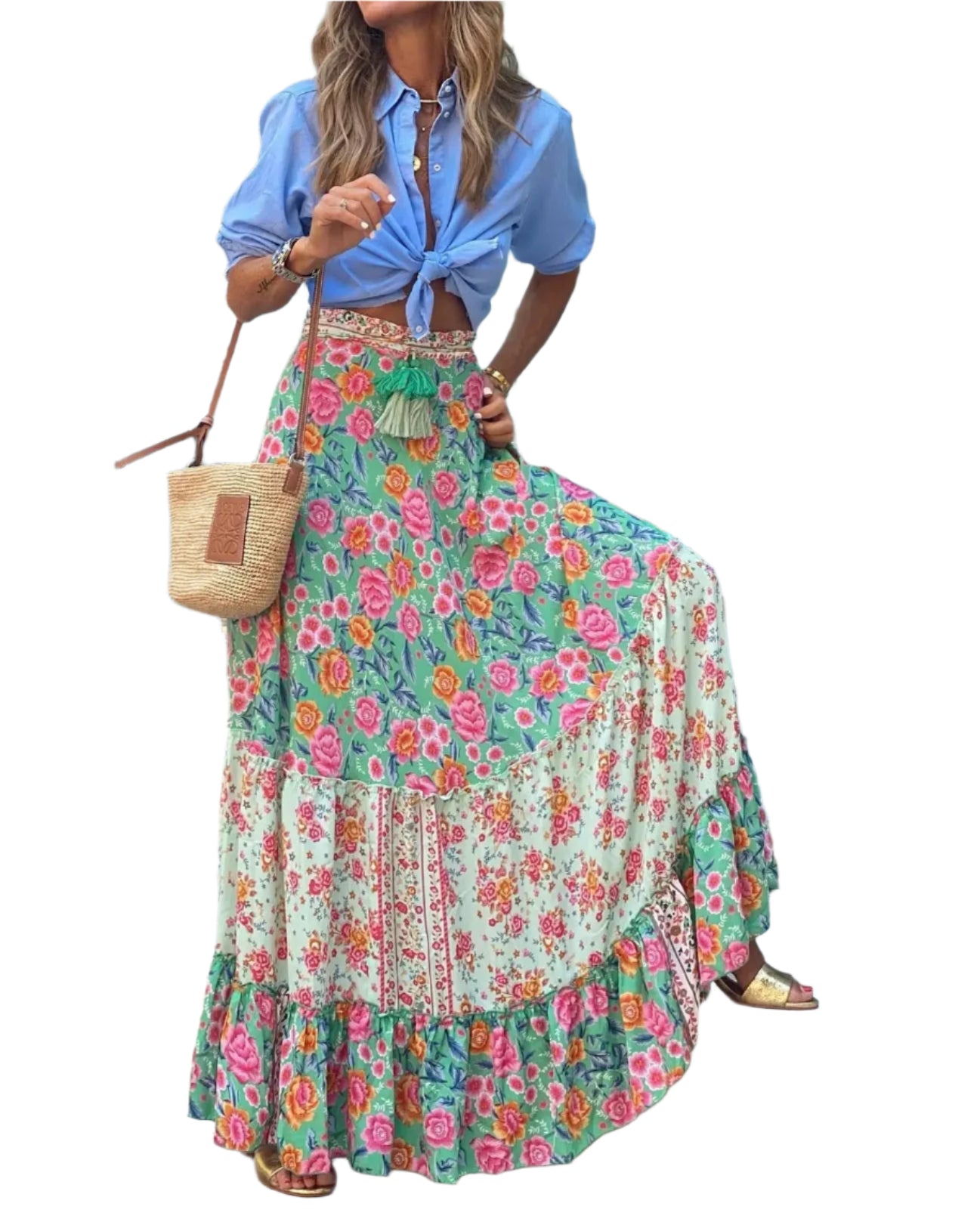 Bohemian Style Printed A-line Skirt Women Fashion Beach Vacation Loose Drawstring Ruffles Skirts Female Summer New Streetwear