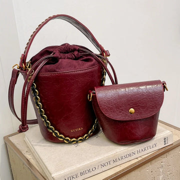 Retro Bucket Crossbody Bags For Women Oil-waxed Leather 2-IN-1 Chain Shoulder Bag