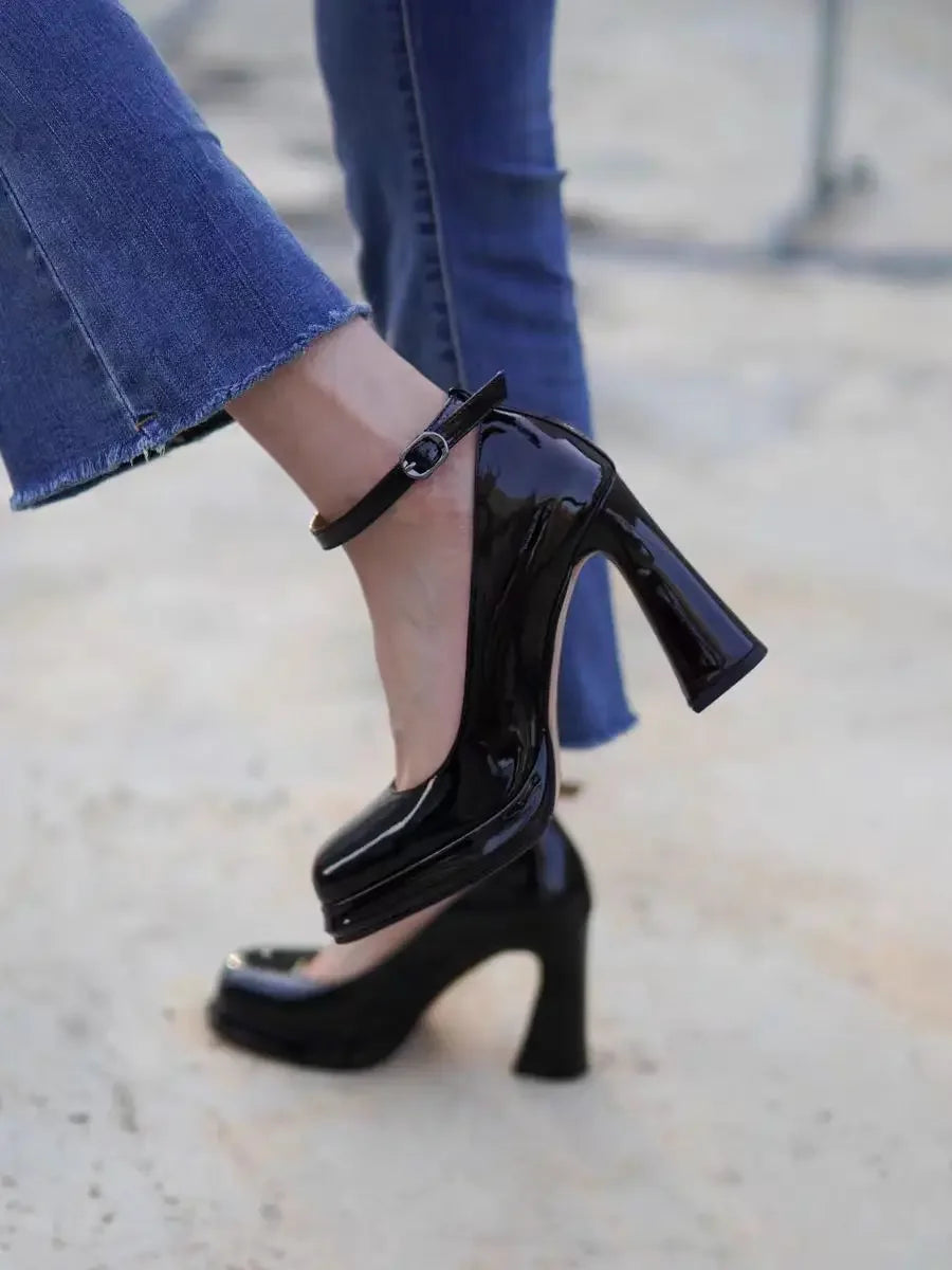Thick Bottom High Heels for Women Solid Ankle Buckle Elegant Heeled Shoes