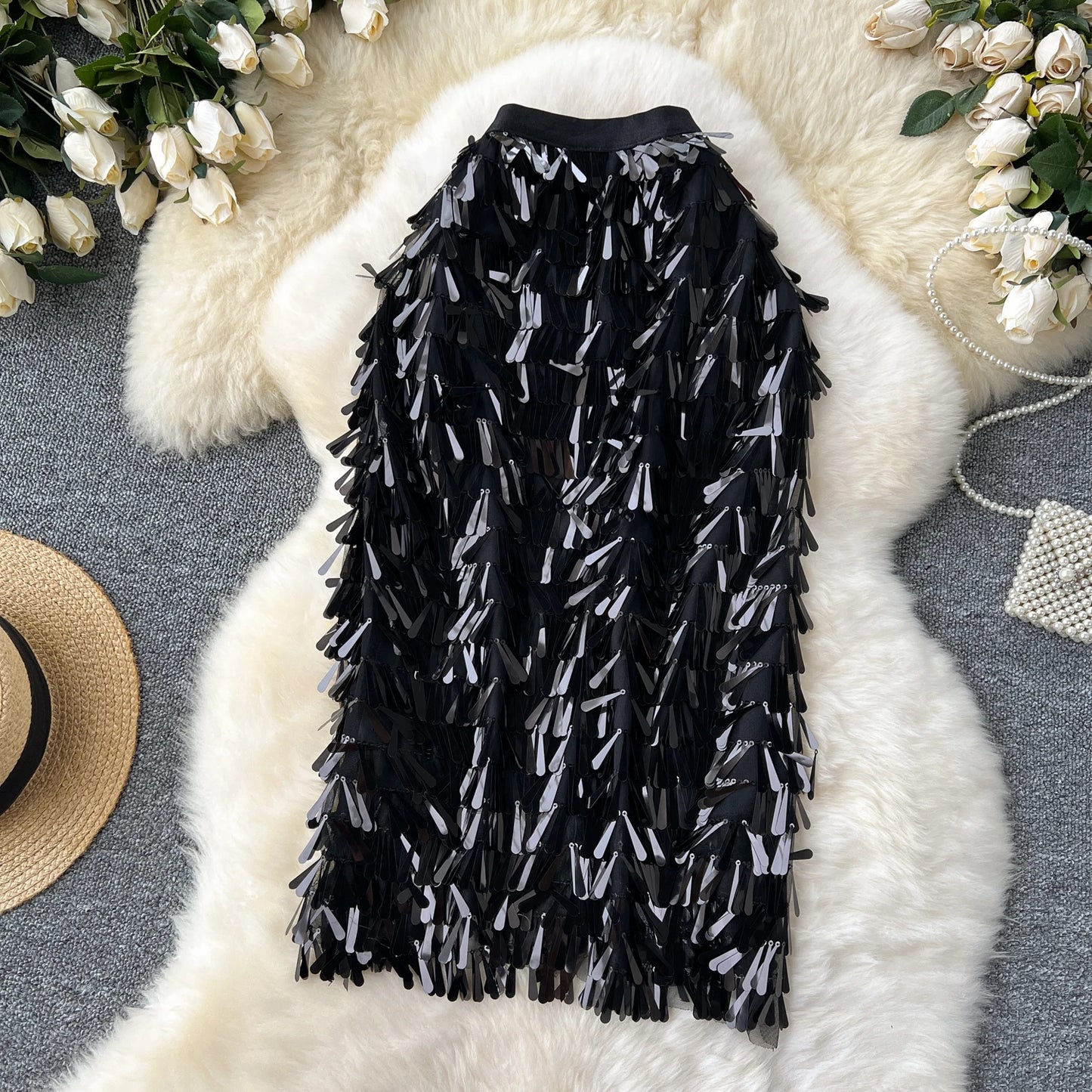Women Chic sequin Skirt High Waist Elegant Korean Fashion vintage Hip Skirt