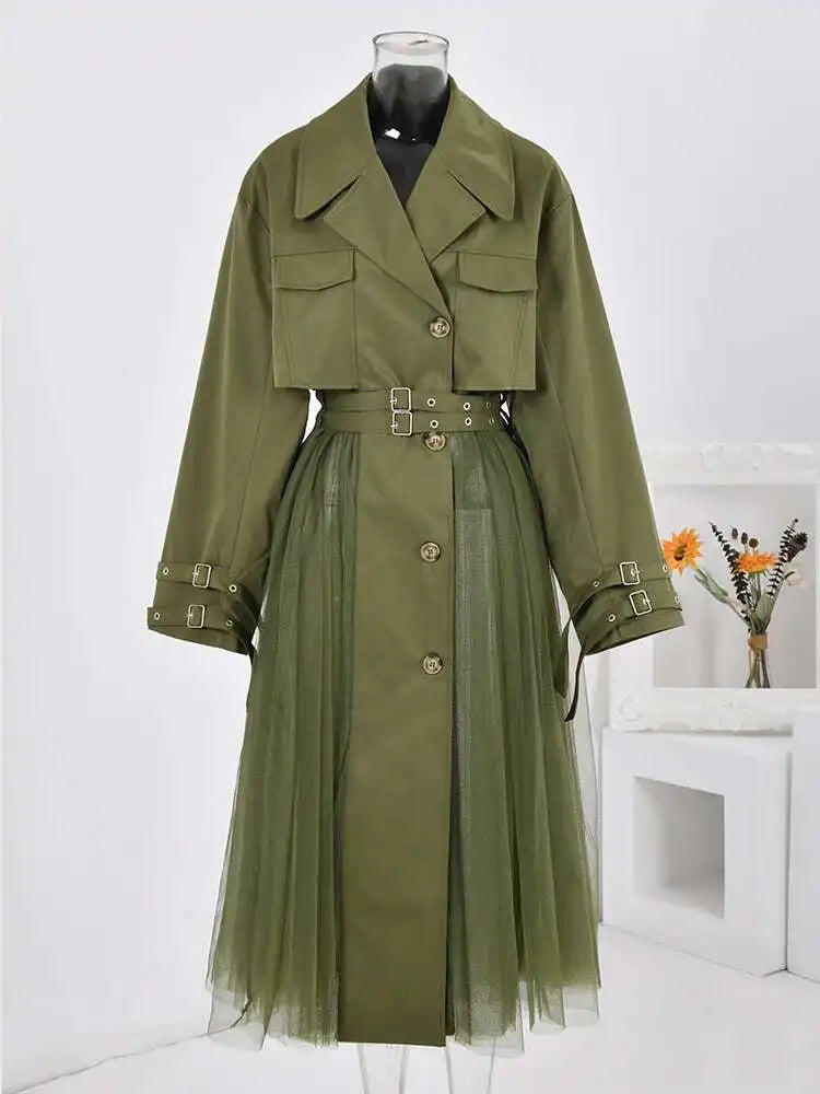 Vintage Gauze Patchwork Windbreaker Women Lapel Double Belt Gathered Trench Coat