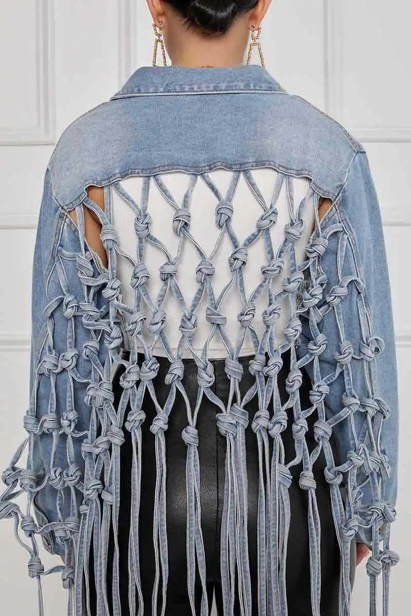 Women Denim Jacket Back Grid Fringe Personalized Jacket Coat