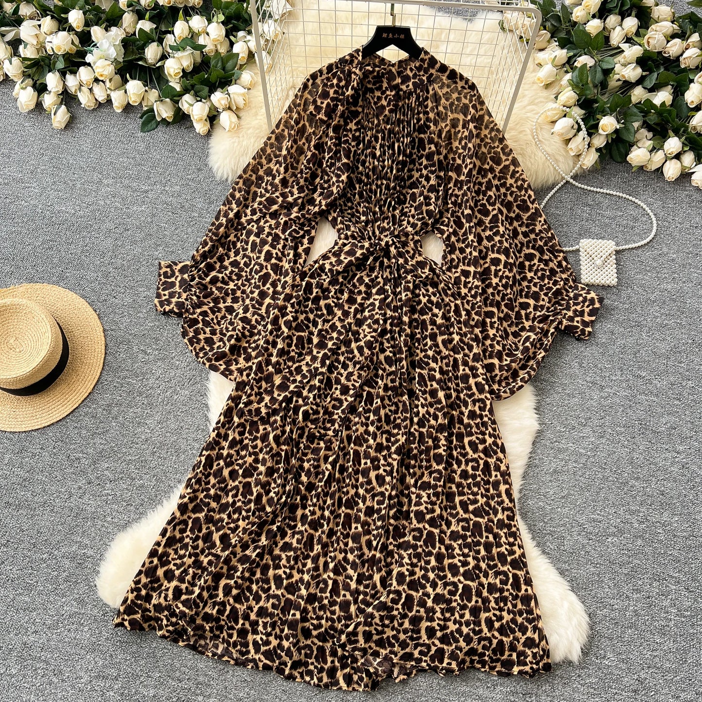 Women Elegant Long Flare Sleeves Vintage Bow neck Bow Loose Midi Dress