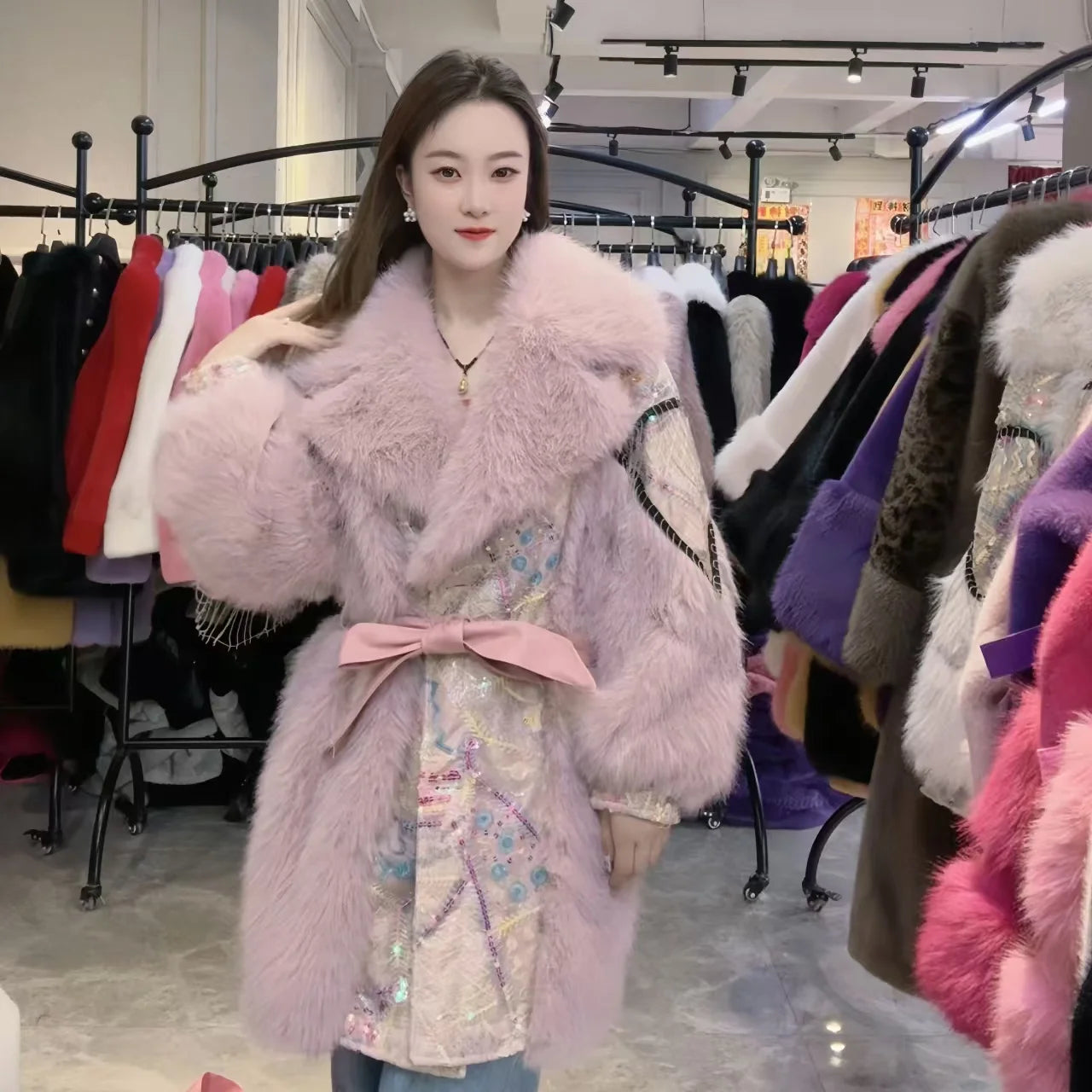 Faux Fur Coat for Women, Sequins Jacket, Loose Long Overcoat, Thick Warm Female Clothing, Fashion,High Quality, New, Winter