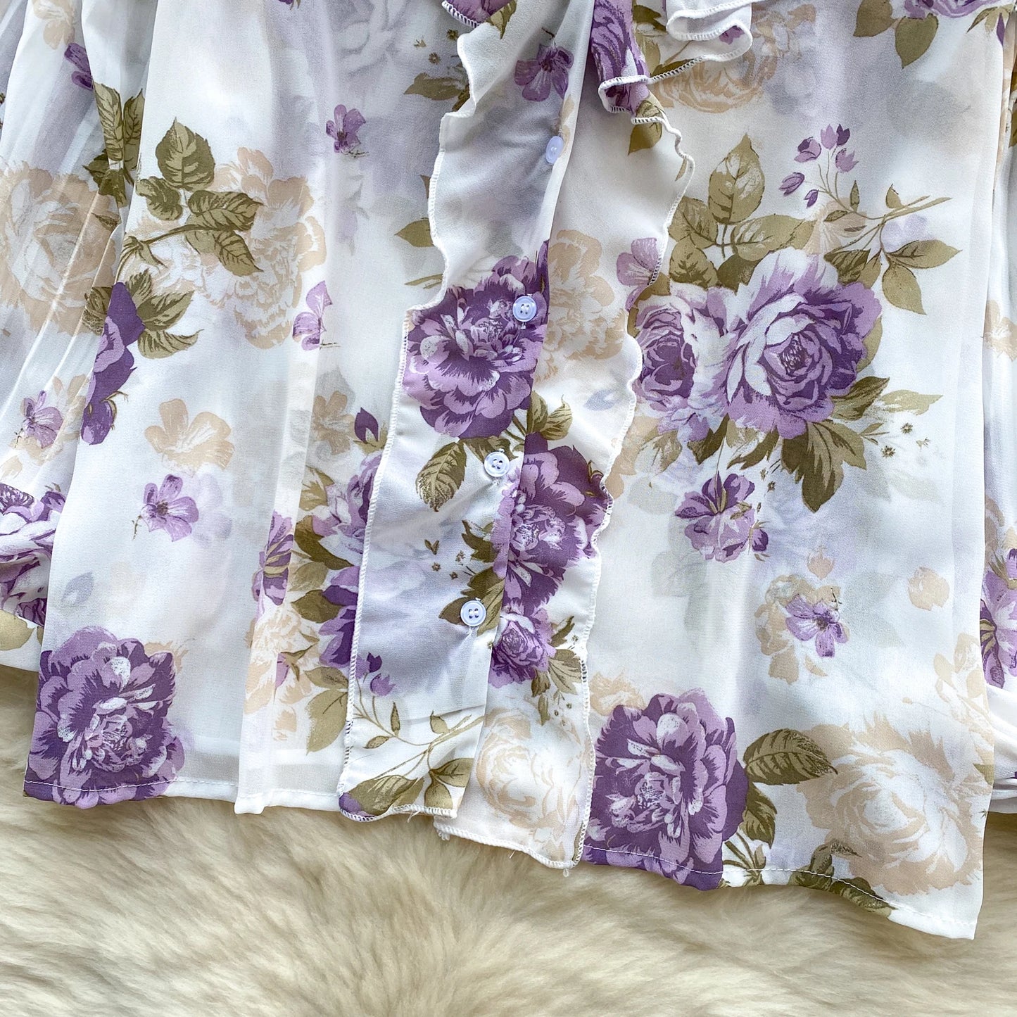 Floral Print Loose Shirt Women Lantern Sleeve V Neck Thin Causal Ruffle Blouse