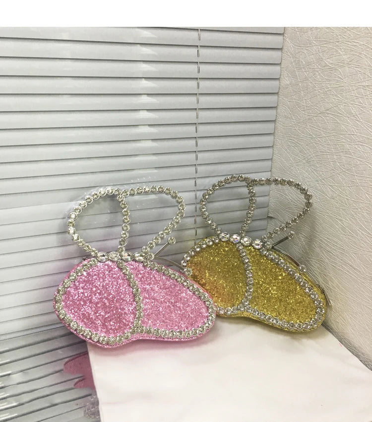 White Rhinestone Pink Butterfly Wedding Evening Clutches Party Prom Purse