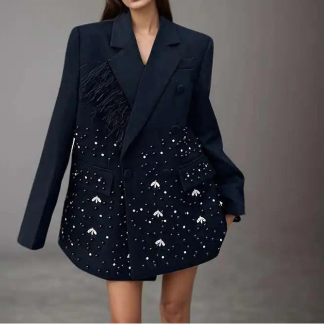 Stamping Nail Beads Blazer for Women's Notched Collar Double Breasted Loose Feather Patchwork Suit Jacket