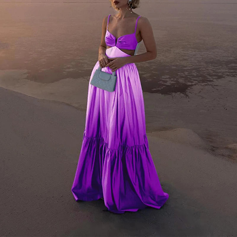 Gradient Color Hollowed Out Pleated Long Big Swing Maxi Dress Sun Dress