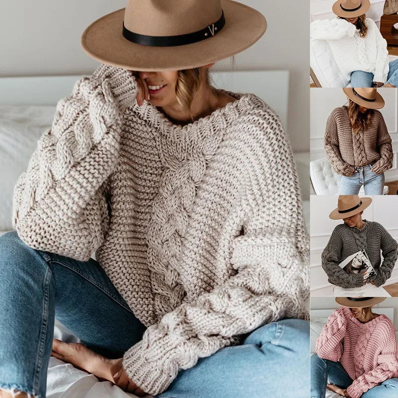 Loose Knitted Casual Sweater V Turtleneck Twist Women's Pullover Sweater