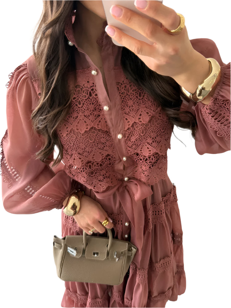 Long Sleeve Hollow Out Floral Dress Women Elegant Lapel Lantern Sleeves Maxi Dresses