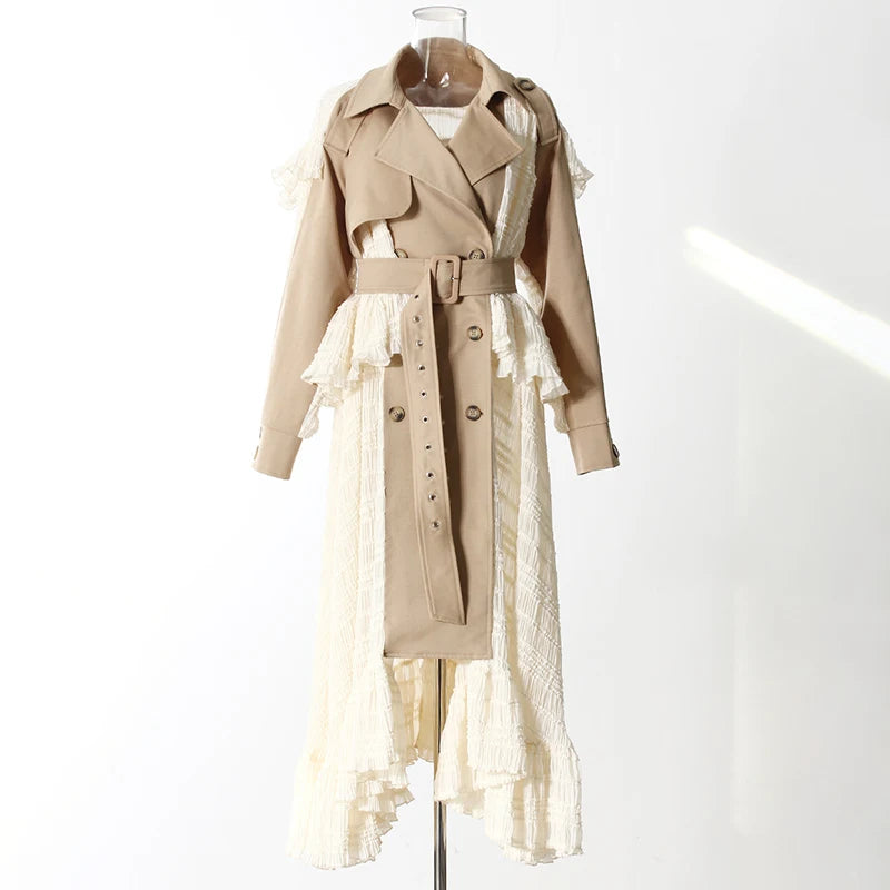 Lace Patchwork Trench Coat Women's Lapel Loose Double Breasted Windbreaker