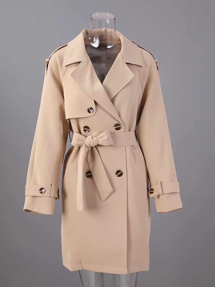 Women Khaki Pleated Elegant Trench New Lapel Long Sleeve Windbreaker Trench Coat