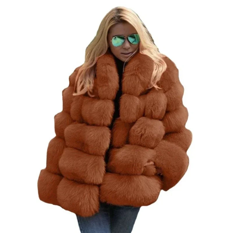 Women Faux Fox Fur Coats Turn Down Collar Thick Warm Elegant Jackets Streetwear