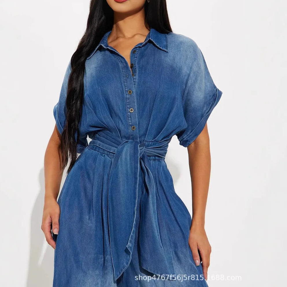 Denim Jumpsuits Women Loose Rompers Tie Dye One Piece Y2k Streetwear Wide Leg Jumpsuit