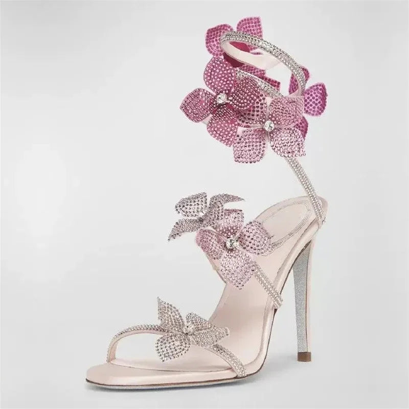 Sexy CRYSTAL Flower Thin High Heels Women Sandals Ankle Strap Shoes
