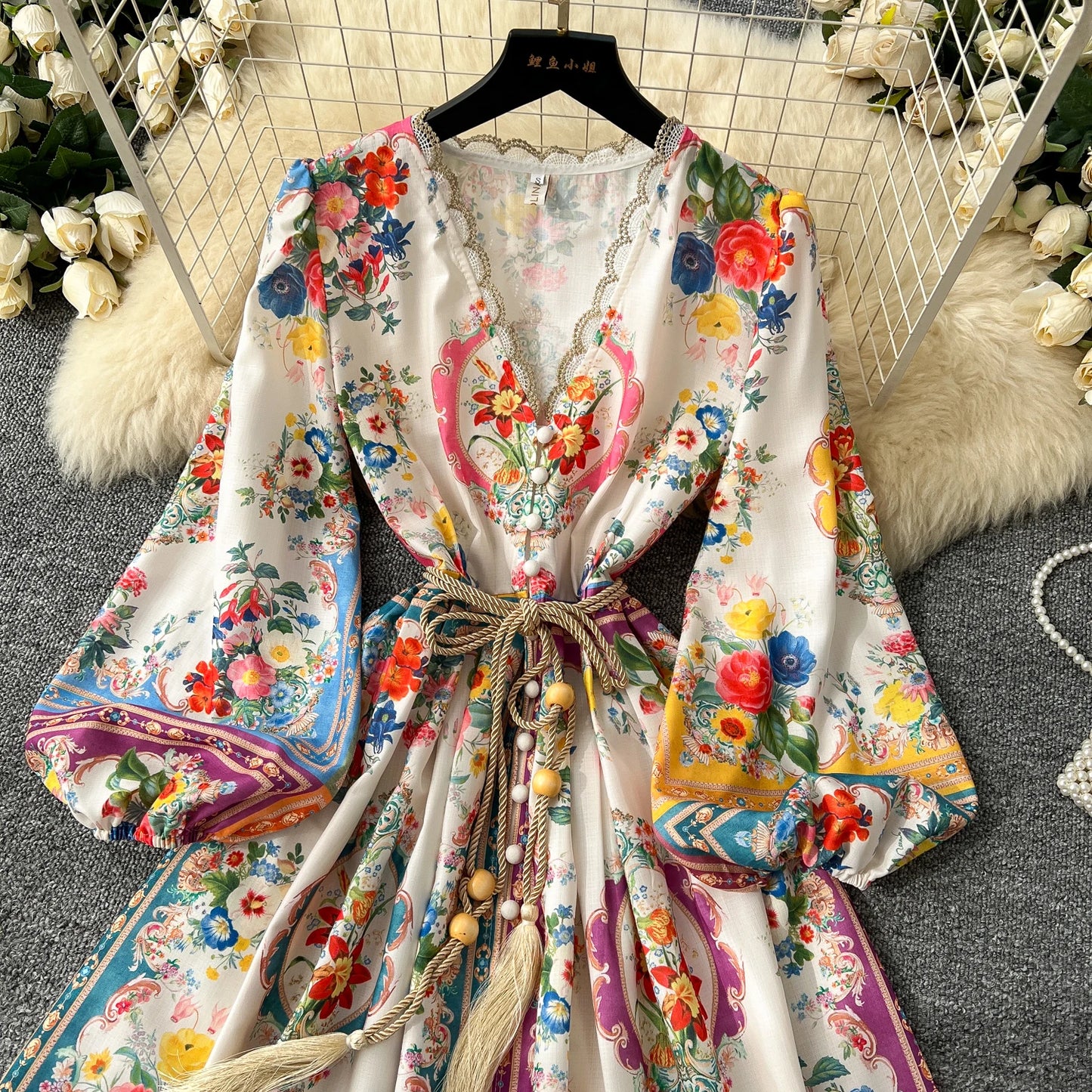Elegant Vintage Luxury Evening Dress Women Print Sashes Button Short Party Dress Female Casual Holiday Clothing