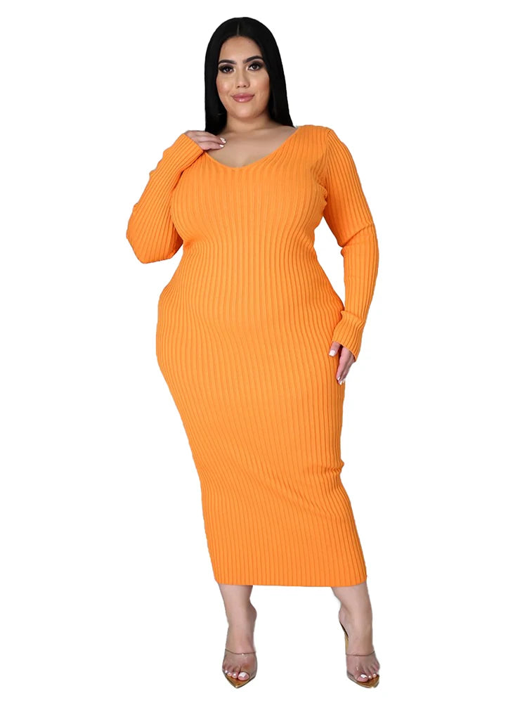 Ladies Knitted Sweater Dress Midi Dress Long Sleeves Chic and Elegant Plus Size Dresses