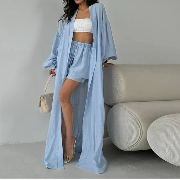 Loose Long Cardigan Lace Up Shorts Sets Women Crop Solid Balloon Sleeve Shirts Elastic Wide Leg Short Pants