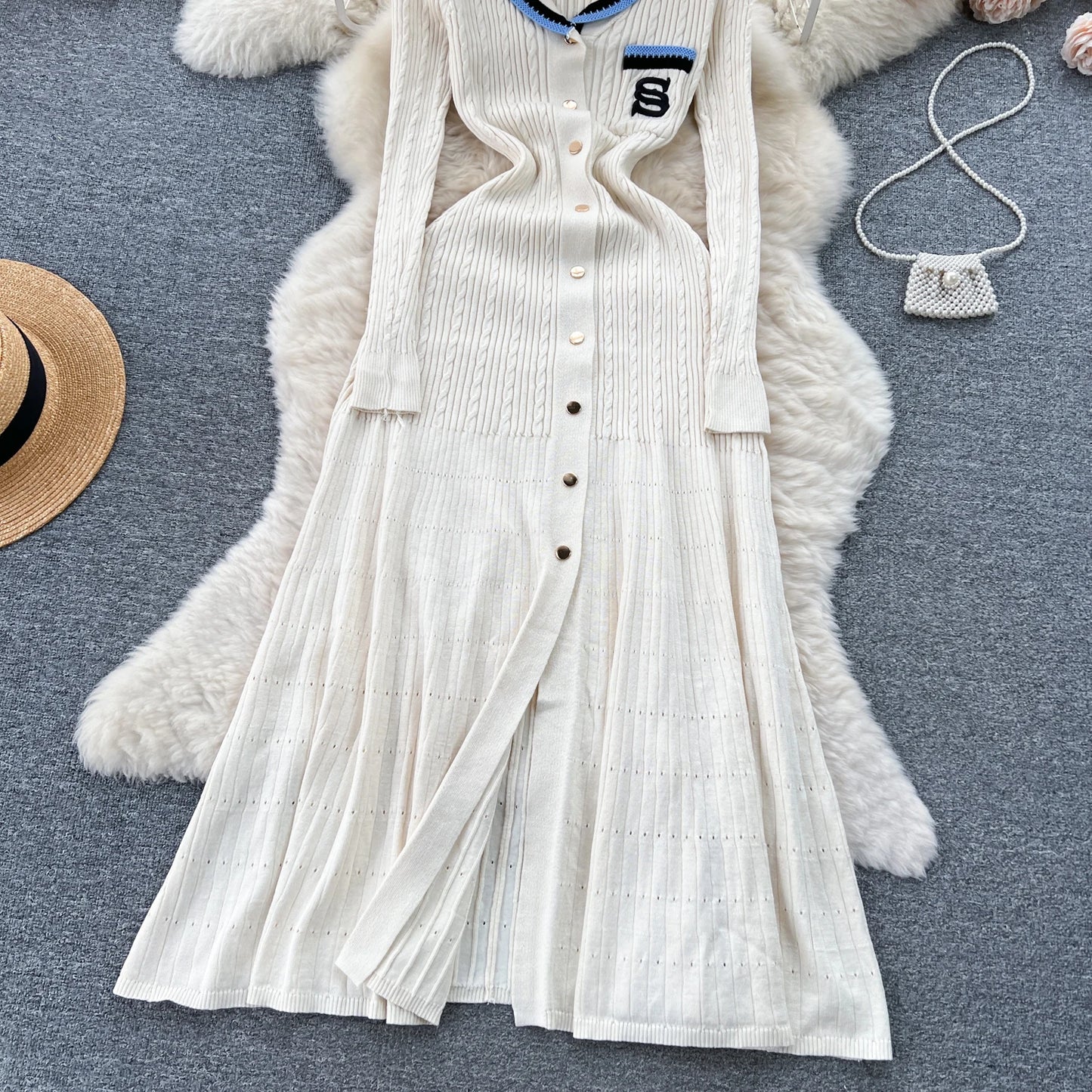 Women Polo Dress Single Breasted Pocket Design Bodycon Knitted Dress Sweater Midi Dress
