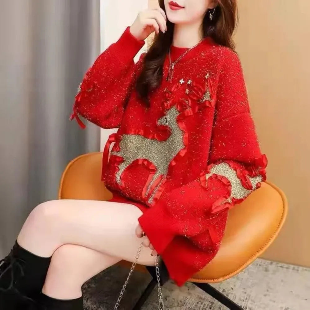 Christmas Sweater Loose New Lazy Thick Sweater Three-dimensional Cartoon Red Sweater