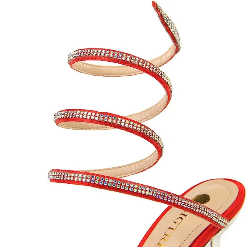 Women Luxury Party 8.5cm High Heels Summer Sexy Nightclub Sandals Female Red Green Ankle Strappy Roman Gladiator Crystal Sandles