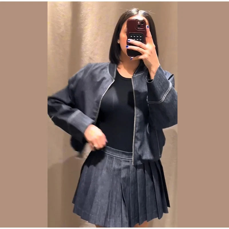 Denim Jacket Mini Skirt Women 2 Piece Set Stand Collar Zipper Long Sleeve Pocket Coat A-line Skirts