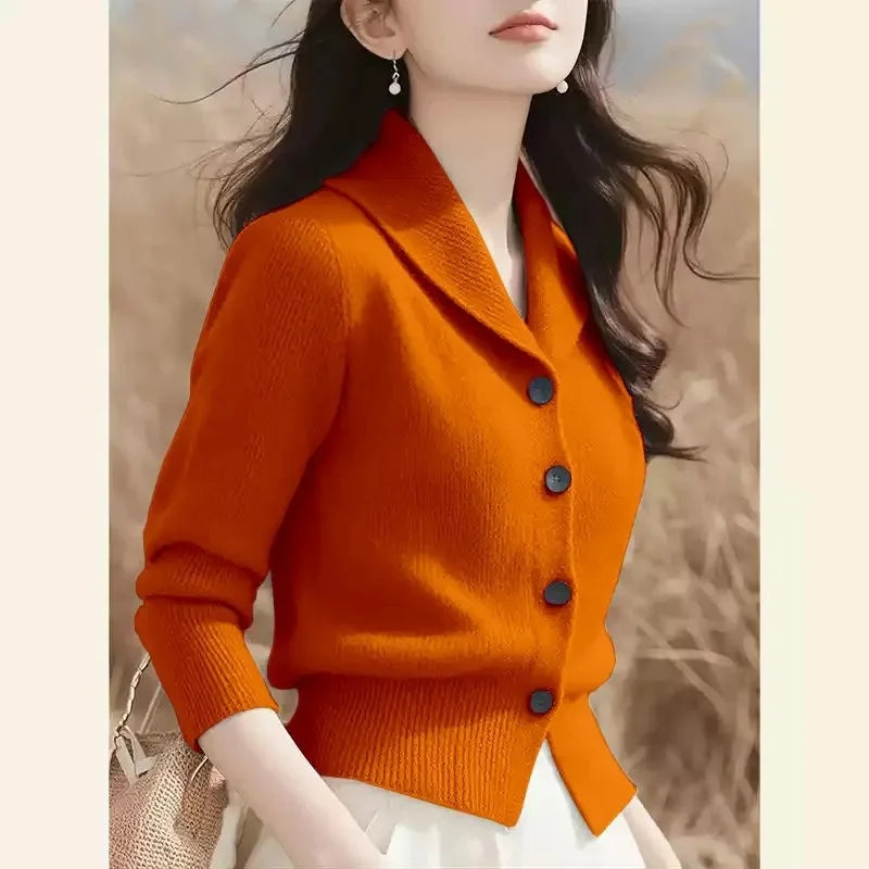 Turndown Collar High End Women Knit Cardigan Sweater Korean Knitwear Tops