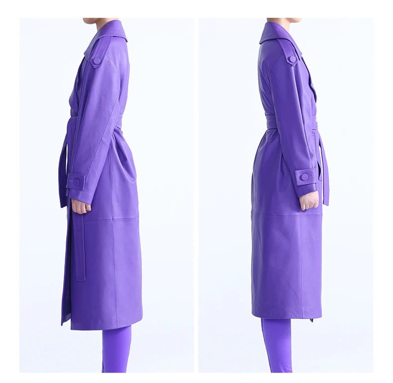 Elegant Purple Colored Faux Leather Trench Coat for Women Sashes Runway Coat