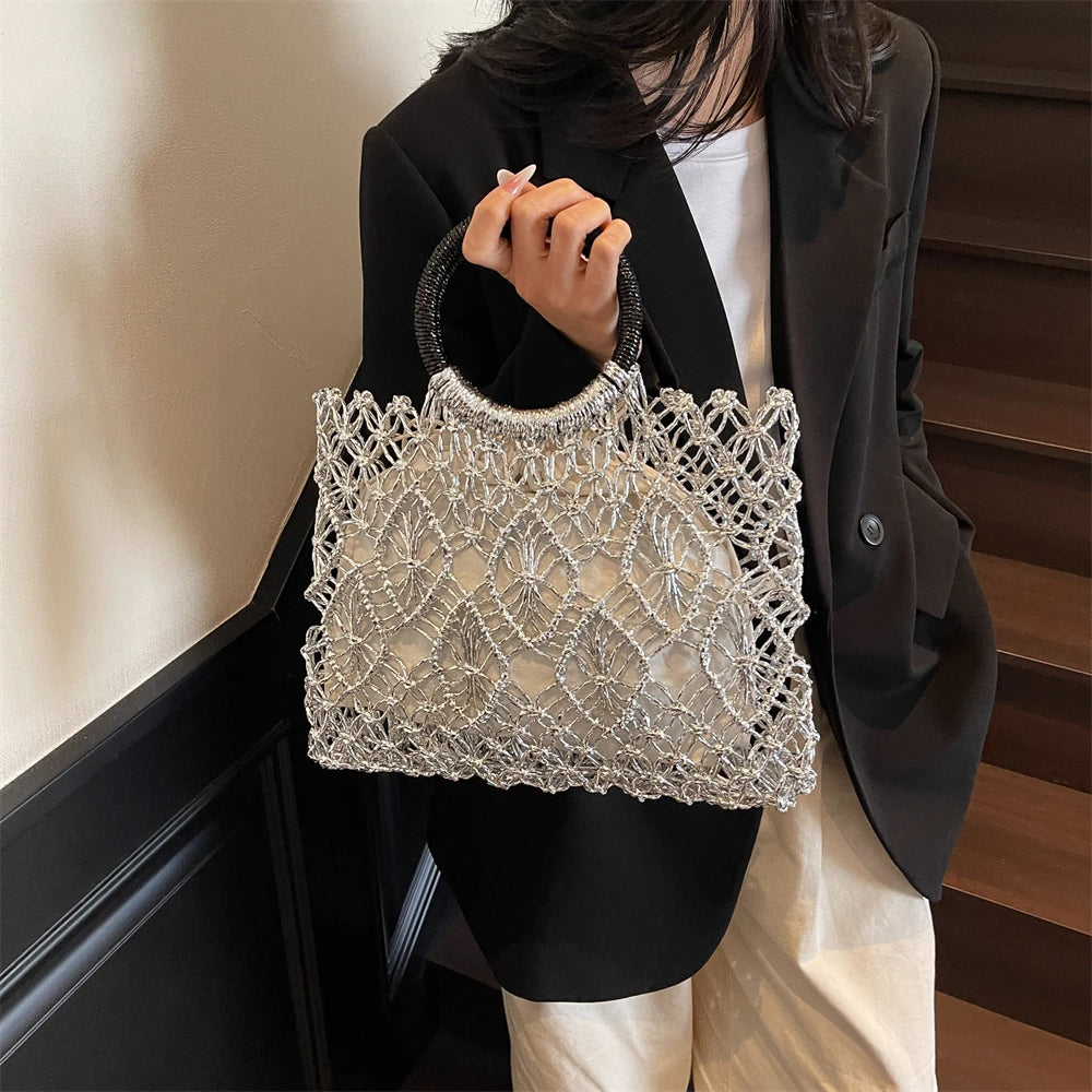 Handmade Woven Design Round Handle Handbags For Women