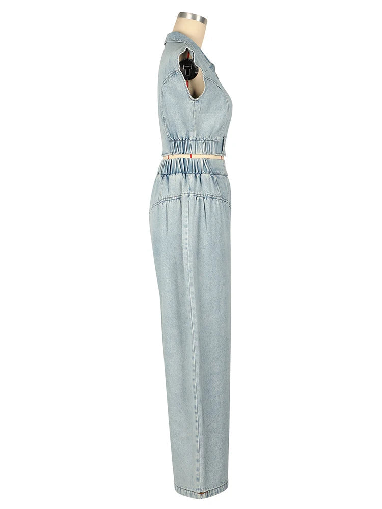 Elegant Denim Women Sleeveless Zipper Crop Top and Wide Leg Pants Two Piece Set