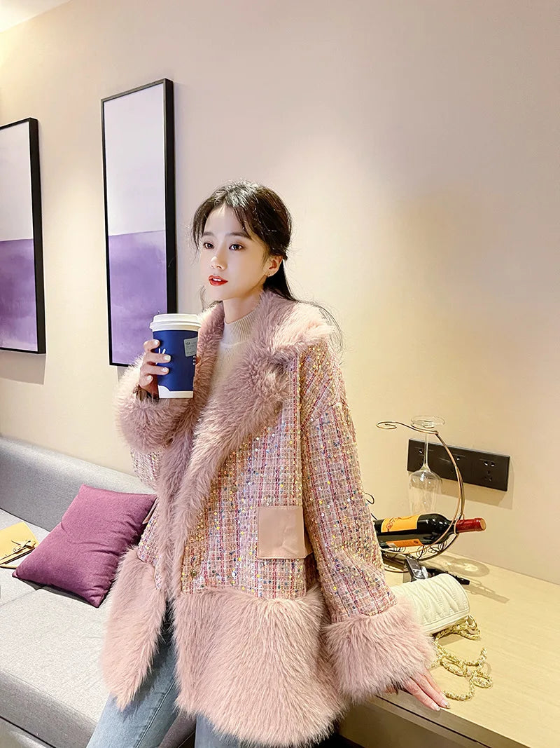 Glitter Coarse Wool Blended Fur Coat Long Sleeve Loose Coat