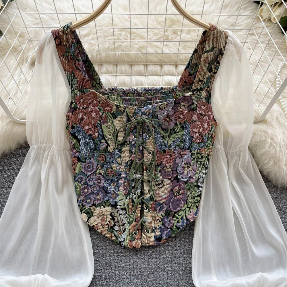 Women Retro Y2K Rose Flower Print Long Sleeve Gothic Shirts Fashion Irregular Bandage Party Blouses