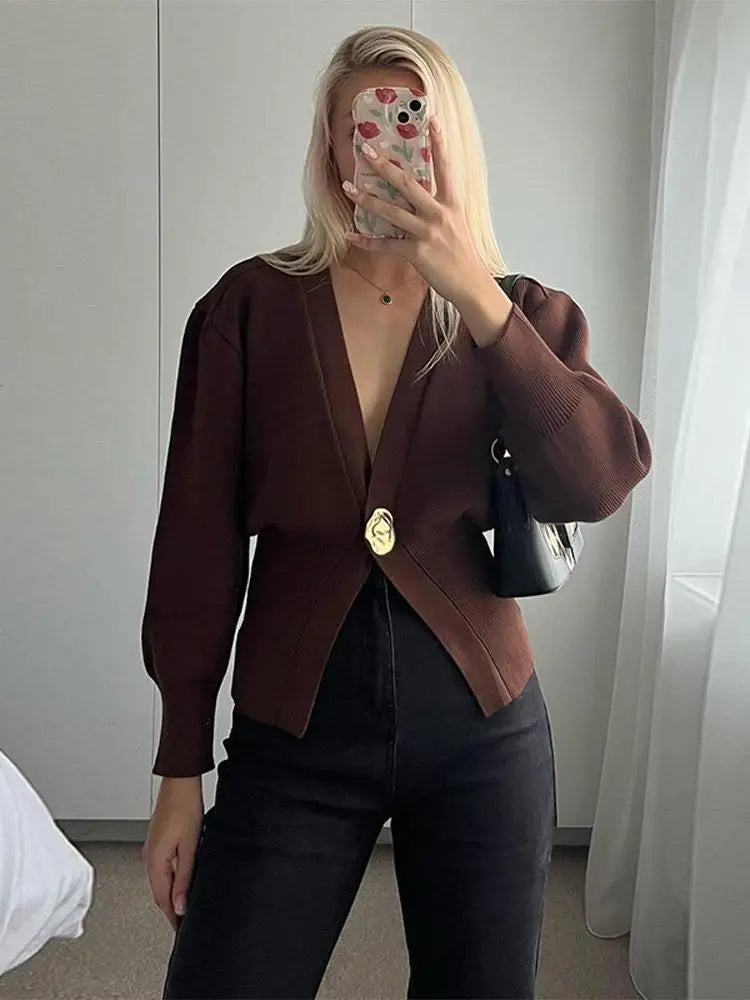 Women's Button Knitted Cardigan Vintage V Neck Full Sleeve Cropped Sweater