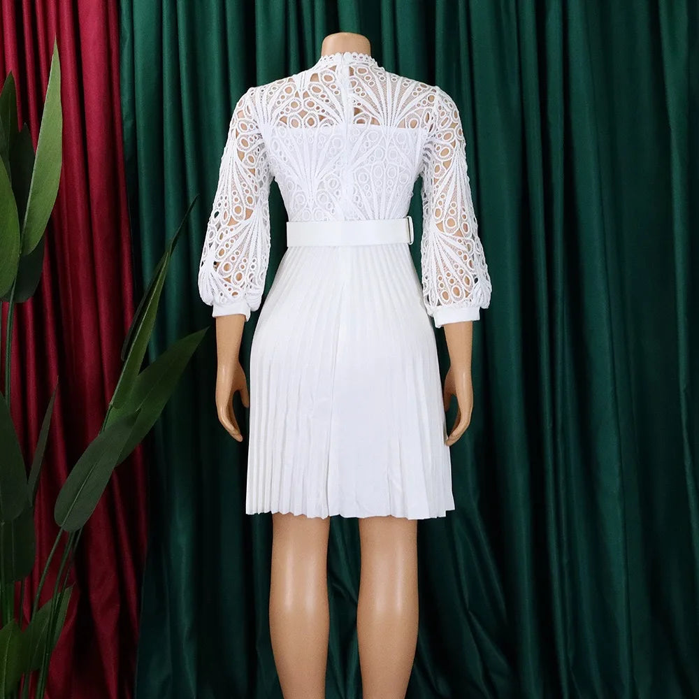 Elegant Dresses for Women O Neck Three Quarter Sleeve Belt Waisted Lace Patchwork Knee Length Luxury Female Birthday Party Dress