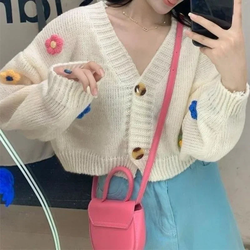Colorful Flower Cardigan for Women Cute Long Sleeve V-neck Knit Crop Sweater