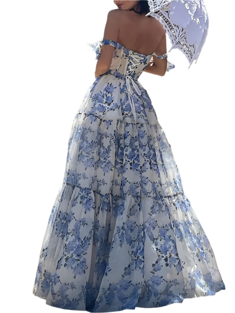 Floral Print Sleeveless Elegant Maxi Party Dress Women Backless Fit Flare Swing Maxi Dress