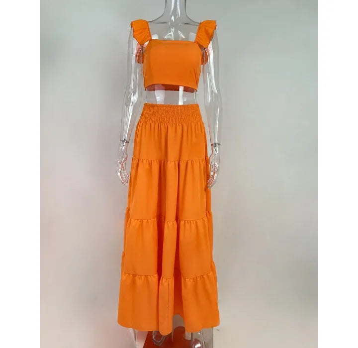 Y2k Two Piece Set Elegant Sexy Collage Sleeveless Top and Maxi Skirt Set