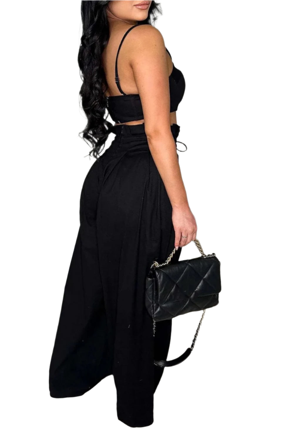 Sexy Zip Crop Camisole and High Waisted Drawstring Wide Leg Trousers 2 Piece Women Pants Suit Streetwear