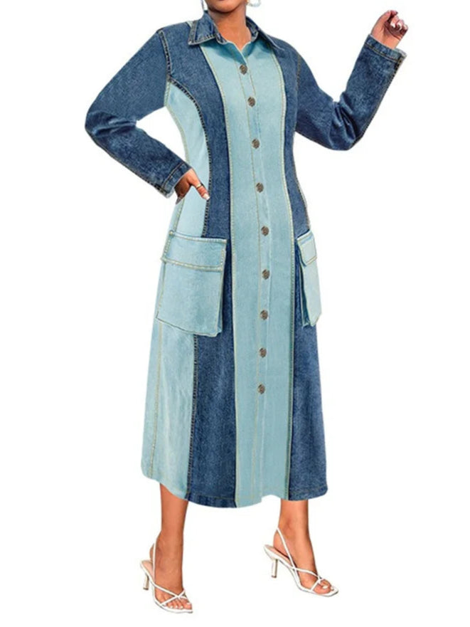 Plus Size Denim Dresses Women Long Sleeve Casual Button Pockets Striped Maxi Dress
