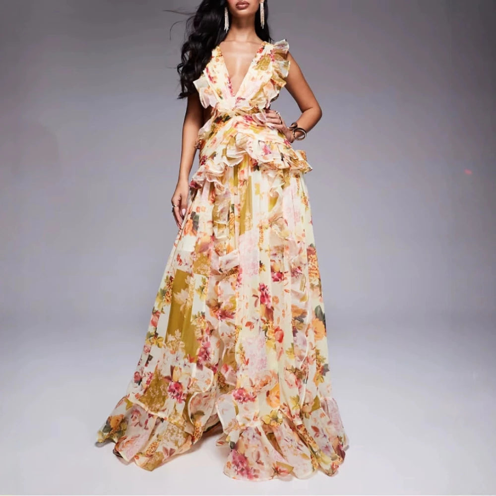 Maxi Dress for Women V Neck Sleeveless High Waist Patchwork Ruffles Edge French Sexy Printed Dress