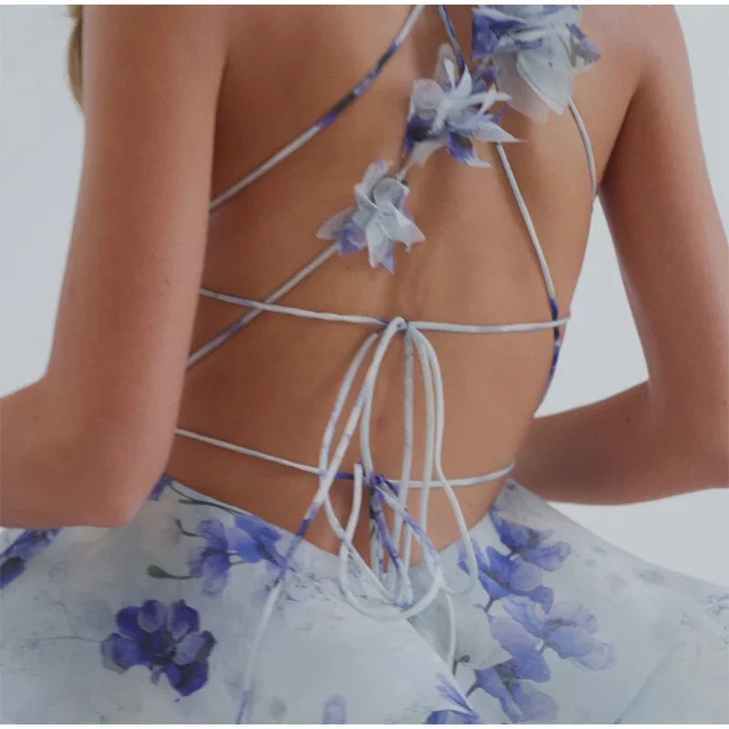 3D Flowers Lace Up Printed Layered Mini Dress Backless Deep V-Neck Mini Dress
