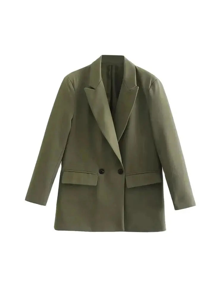 Women Double Breasted Loose Fitting Blazer Coat Vintage Long Sleeve Pockets Female Outerwear Blazer