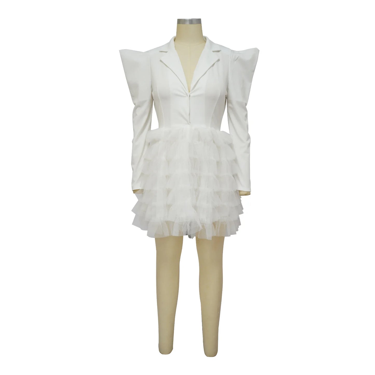 Mesh Paneling Solid Right Shoulders Long Sleeves Cake Dress For Women